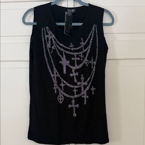 Shiny Black Tank Top with Silver Cross Design